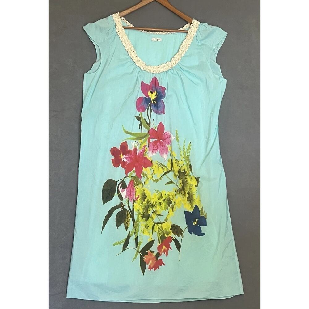 J. Peterman Floral Mumu Dress Sz 20 Blue Cotton Silk Lined Boho Resort Midi - Picture 4 of 12